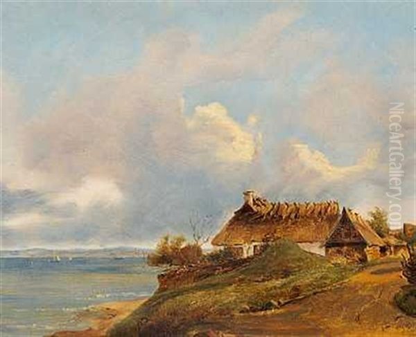 Kystparti Med Strataekte Huse, I Baggrunden Den Svenske Kyst Oil Painting by Vilhelm Peter Carl Petersen