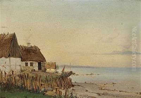 Strandparti Ved Sletten Med Strataekt Bondehus by Vilhelm Peter Carl Petersen