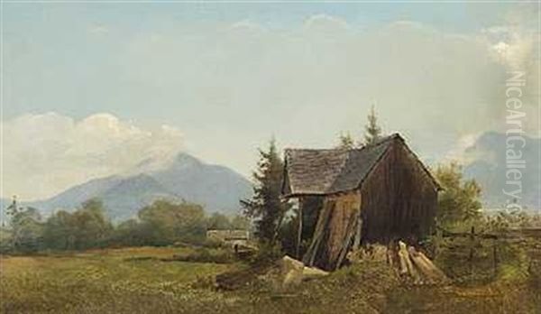 Faldefaerdig Traehytte Ved Brannenburg. I Baggrunden Bjerge, Hvor Toppene Er Daekket Af Skyer Oil Painting by Vilhelm Peter Carl Petersen