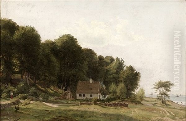 Kystparti Med Et Lille Hus Med Stengaerde Foran, Bagvedliggende Skov Pa Bakke, Yderst Til Venstre Figur, Sommer Oil Painting by Vilhelm Peter Carl Petersen