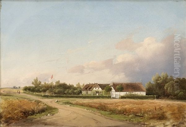 Landskab Med Storre Strataekt Bondegard Og Hejst Dannebrog, I Forgrunden Landevej, I Horisonten Figurer, Sommer Oil Painting by Vilhelm Peter Carl Petersen