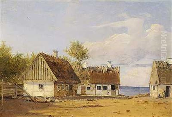 Strataekte Bindingsvaerkshuse Ved Kysten Oil Painting by Vilhelm Peter Carl Petersen