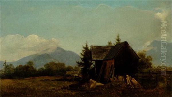 Faldefaerdig Traehytte Ved Brannenburg. I Baggrunden Bjerge, Hvor Toppene Er Daekket Af Skyer Oil Painting by Vilhelm Peter Carl Petersen