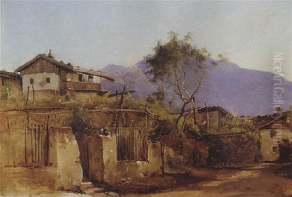 Parti Fra Tyrol Med Huse Bygget Pa Skaraenten, I Baggrunden Bjerget Oil Painting by Vilhelm Peter Carl Petersen