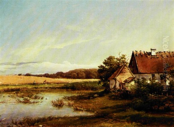 Stines Hus I Reerstrup. Det Strataekte Hud Ligger Ved En Mose, I Baggrunden Arbejder To Personer I Marken Oil Painting by Vilhelm Peter Carl Petersen