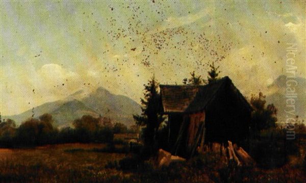 Faldefaerdig Traehytte Ved Brannenburg. I Baggrunden Bjerge, Hvor Toppene Er Daekket Af Skyer Oil Painting by Vilhelm Peter Carl Petersen