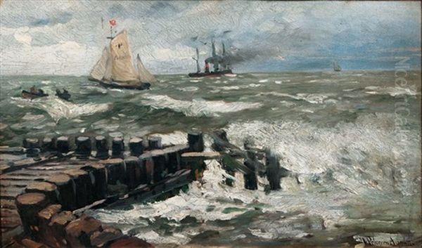 Brandung Am Pier Oil Painting by Heinrich Petersen-Angeln