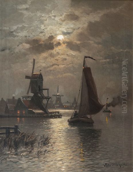 Flensburg Fjord By Night Oil Painting by Heinrich Petersen-Angeln