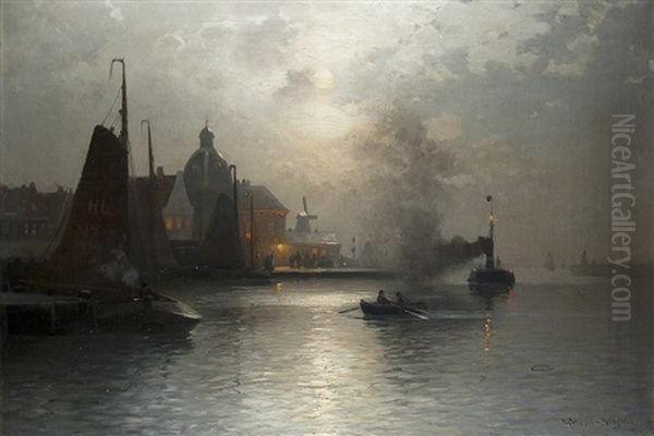 Einfahrt In Den Hafen Von Harlingen (mondschein) Oil Painting by Heinrich Petersen-Angeln