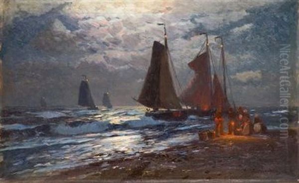 Fischer Im Lampenschein Am Abendlichen Strand Oil Painting by Heinrich Petersen-Angeln