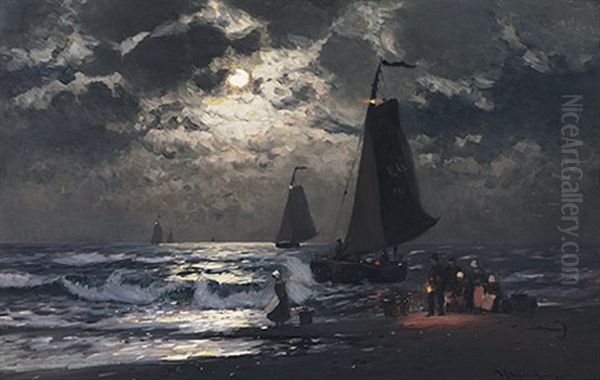 Nachtliche Marine Mit Ein- Und Auslaufenden Fischerbooten Oil Painting by Heinrich Petersen-Angeln