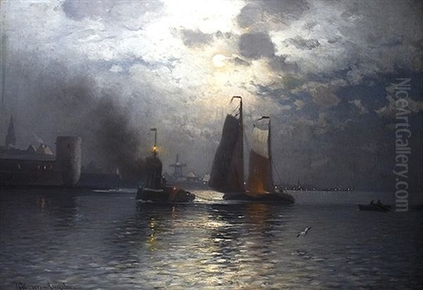 Moonlit Night Oil Painting by Heinrich Petersen-Angeln