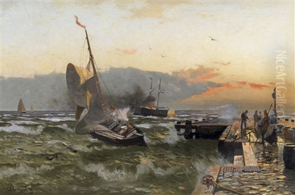 Sturmische Nordsee Mit Schiffen Vor Der Kaimauer Oil Painting by Heinrich Petersen-Angeln