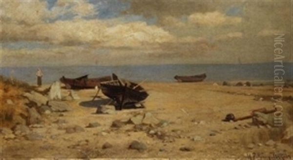 Segelboote Am Strand Oil Painting by Heinrich Petersen-Angeln