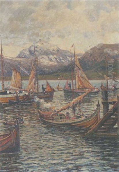 Im Hafen Von Tromso Oil Painting by Heinrich Petersen-Flensburg