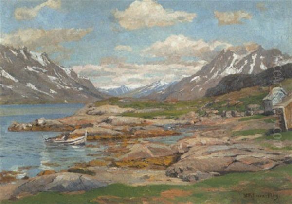 Norwegische Fjordlandschaft Mit Fischerboot Oil Painting by Heinrich Petersen-Flensburg