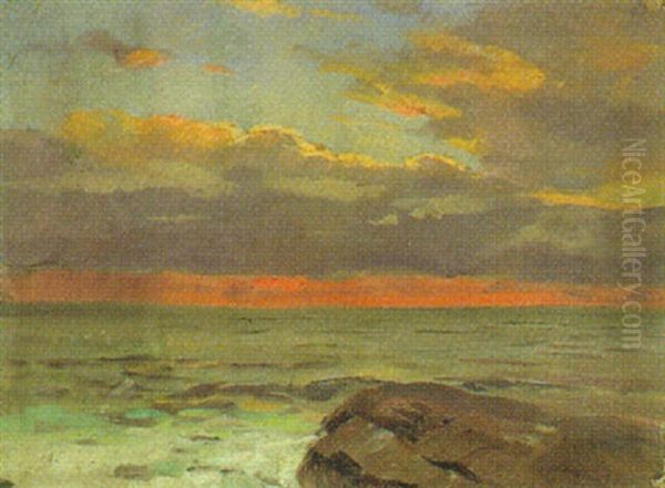 Sonnenuntergang Mit Stein (arkona/rugen?) Oil Painting by Heinrich Petersen-Flensburg