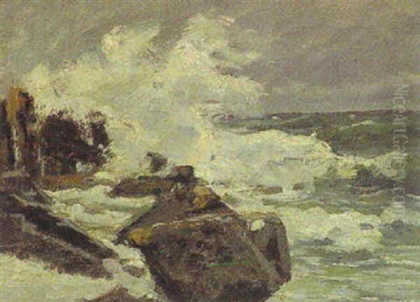 Sturmbrandung An Den Schwarzen Felsen Von Bornholm Oil Painting by Heinrich Petersen-Flensburg