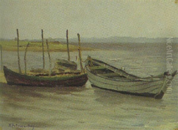 Boote An Den Festmacherstangen, Flensburger Forde Oil Painting by Heinrich Petersen-Flensburg