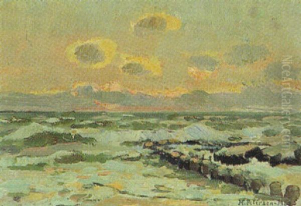 Steinmole Mit Wellenschlag Am Abend, Nordsee by Heinrich Petersen-Flensburg