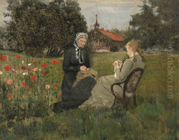 Fredrikke Gram And Her Daughter Nicoline In The Garden At Ask Oil Painting by Eilif Peterssen