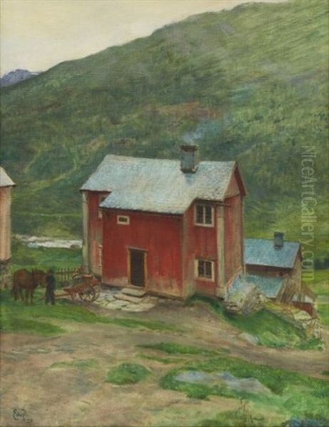 Rod Stuga I Fjordlandskap Oil Painting by Eilif Peterssen