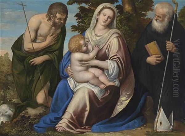 The Madonna And Child With Saint John The Baptist And A Bishop Saint Oil Painting by Simone Peterzano