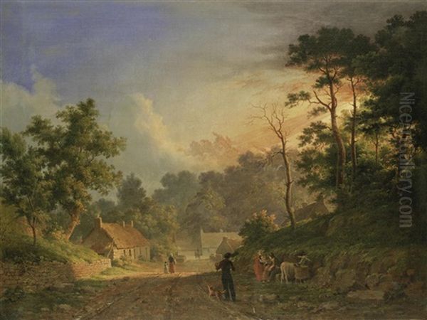 Sunset Over A Rural Landscape Oil Painting by Abraham Pether