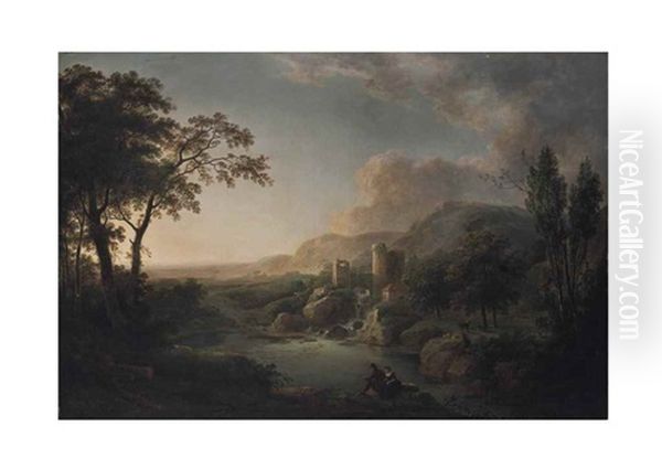 A Mountainous Landscape With Figures Fishing By A Lake, A Ruined Castle And A Waterfall Beyond Oil Painting by Abraham Pether