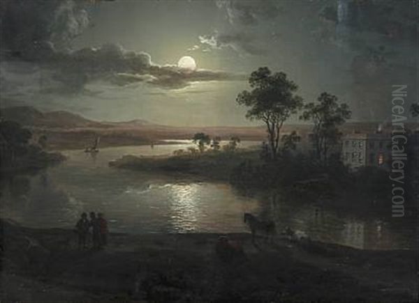 Evening Scene With Full Moon And Persons Oil Painting by Abraham Pether