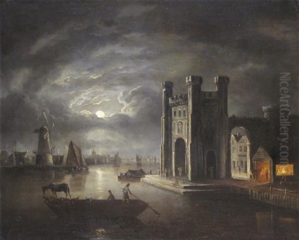 A Moonlit Estuary With A Forge Near A Castle, Windmills And A Town Beyond Oil Painting by Abraham Pether