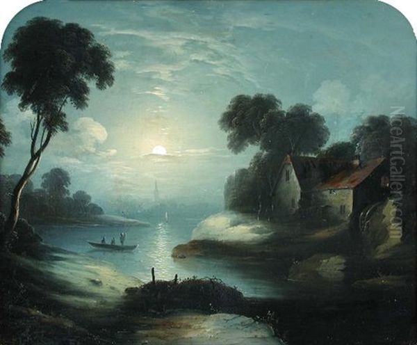 Moonlit Scene With Fishermen Fishing From A Rowing Boat On A River, A Mill Beyond Oil Painting by Abraham Pether