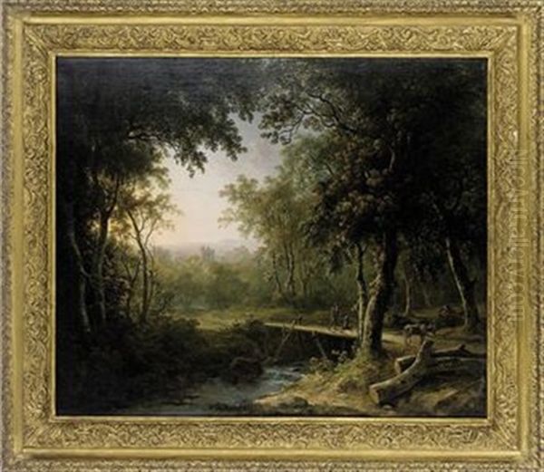 A Wooded River Landscape With A Traveller Crossing A Bridge, A Church Beyond Oil Painting by Abraham Pether