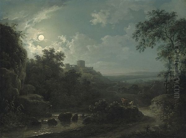 An Arcadian Moonlit Scene Oil Painting by Abraham Pether