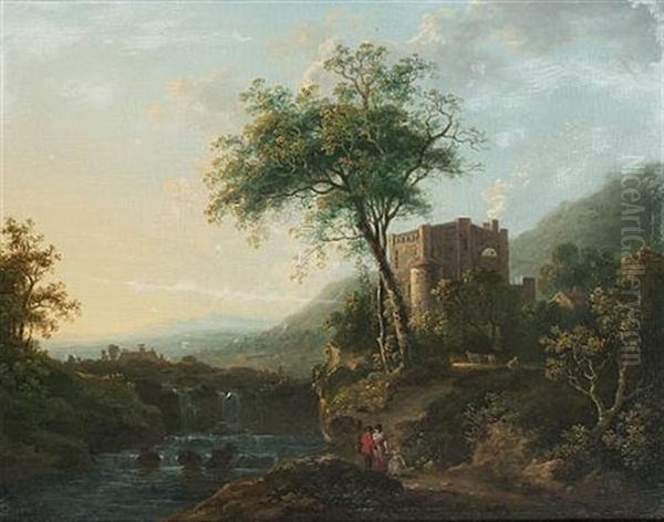 An Italianate Landscape With A Family On A Riverside Path, A Waterfall Beyond (+ An Italianate Landscape With A Horseman And His Dog Beside A River; Pair) Oil Painting by Abraham Pether