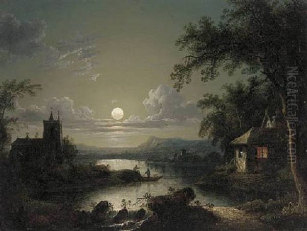 Figures By A Church In A Moonlit Lake Landscape Oil Painting by Abraham Pether