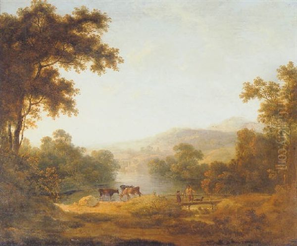 Crossing The Bridge With Cattle Watering Beyond Oil Painting by Abraham Pether