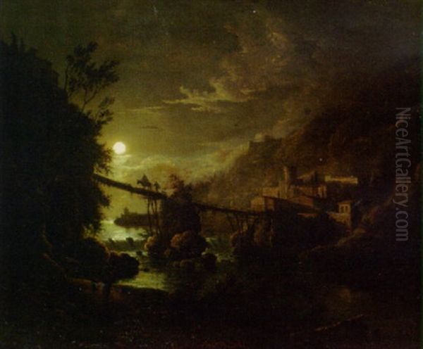 Travellers On A Bridge In A Moonlit River Landscape Oil Painting by Abraham Pether