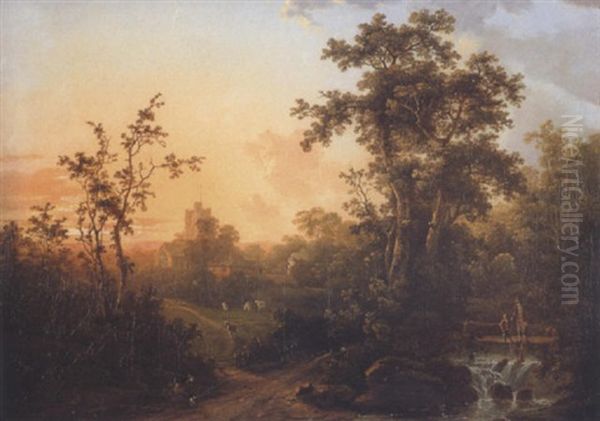 Figures In Twilight Landscape Village Beyond Oil Painting by Abraham Pether