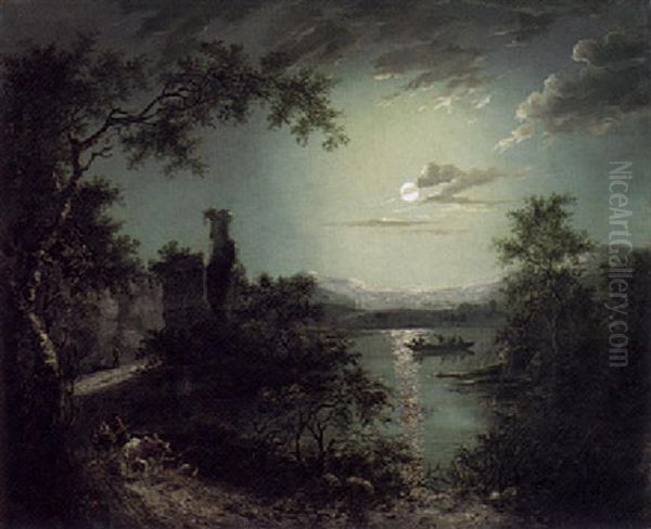 Moonlit River Landscape With Figures And Cattle On A Path Before A Ruin Oil Painting by Abraham Pether