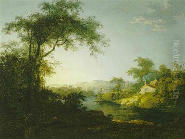 Wooded River Landscape With A Distant View Of A Town Oil Painting by Abraham Pether