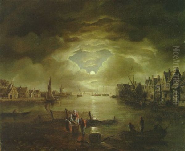 Moonlit River Landscape With Fisherfolk Gathering In Their Catch Oil Painting by Abraham Pether