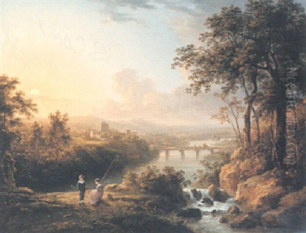 A River Landscape, Children Fishing In The Foreground Oil Painting by Abraham Pether