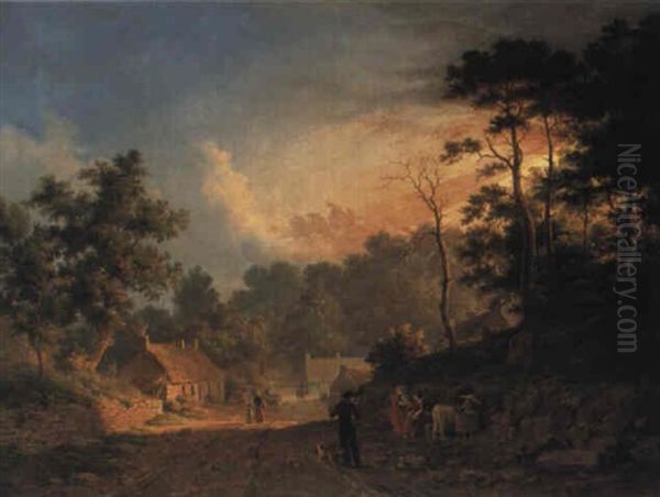 Landscape With Figures By A Village At Sunset Oil Painting by Abraham Pether