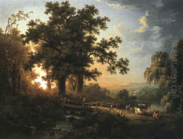 A Wooded River Landscape, With A Faggot Gatherer With Cattle And Sheep Oil Painting by Abraham Pether