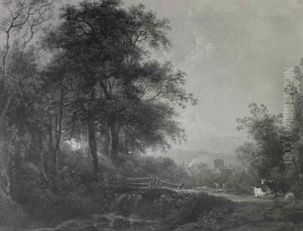 An Evening Wooded Landscape With A Waterfall And Cattle In  The Foreground... Oil Painting by Abraham Pether