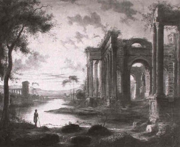 Moonlit River Landscape With Classical Ruins Oil Painting by Abraham Pether