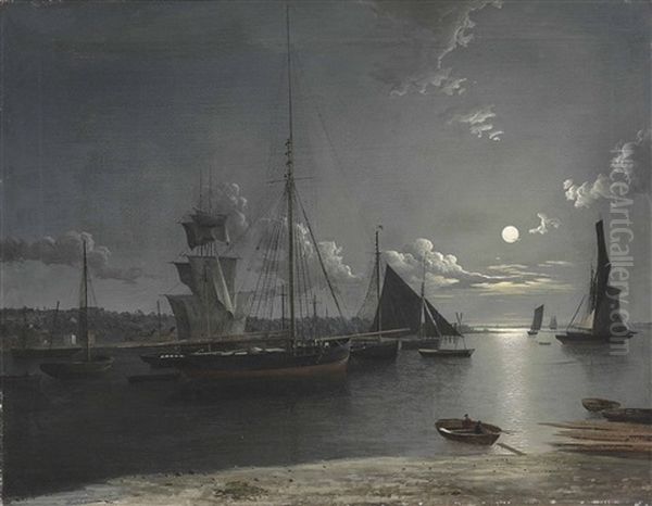 Shipping In The Estuary Under Moonlight Oil Painting by Henry Pether