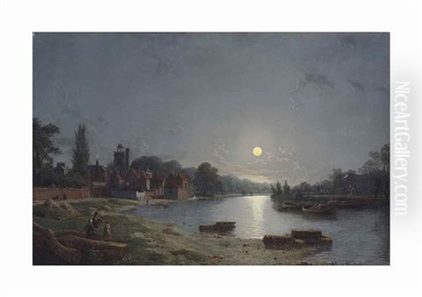 The Rose And Crown At Twickenham, With St Mary's Church Beyond Oil Painting by Henry Pether