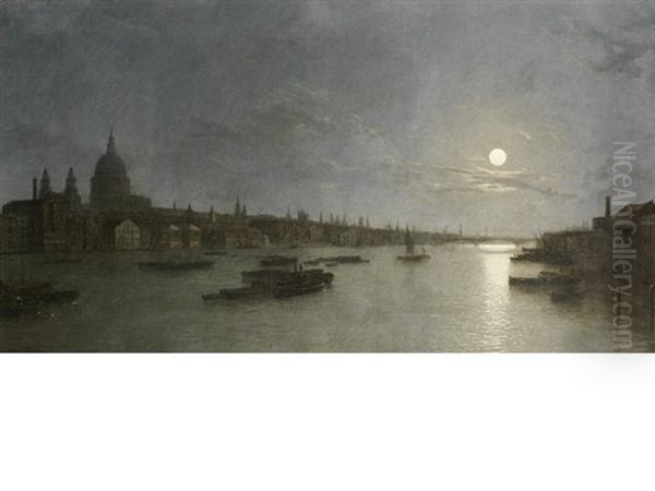 St. Pauls And The Thames By Moonlight Oil Painting by Henry Pether